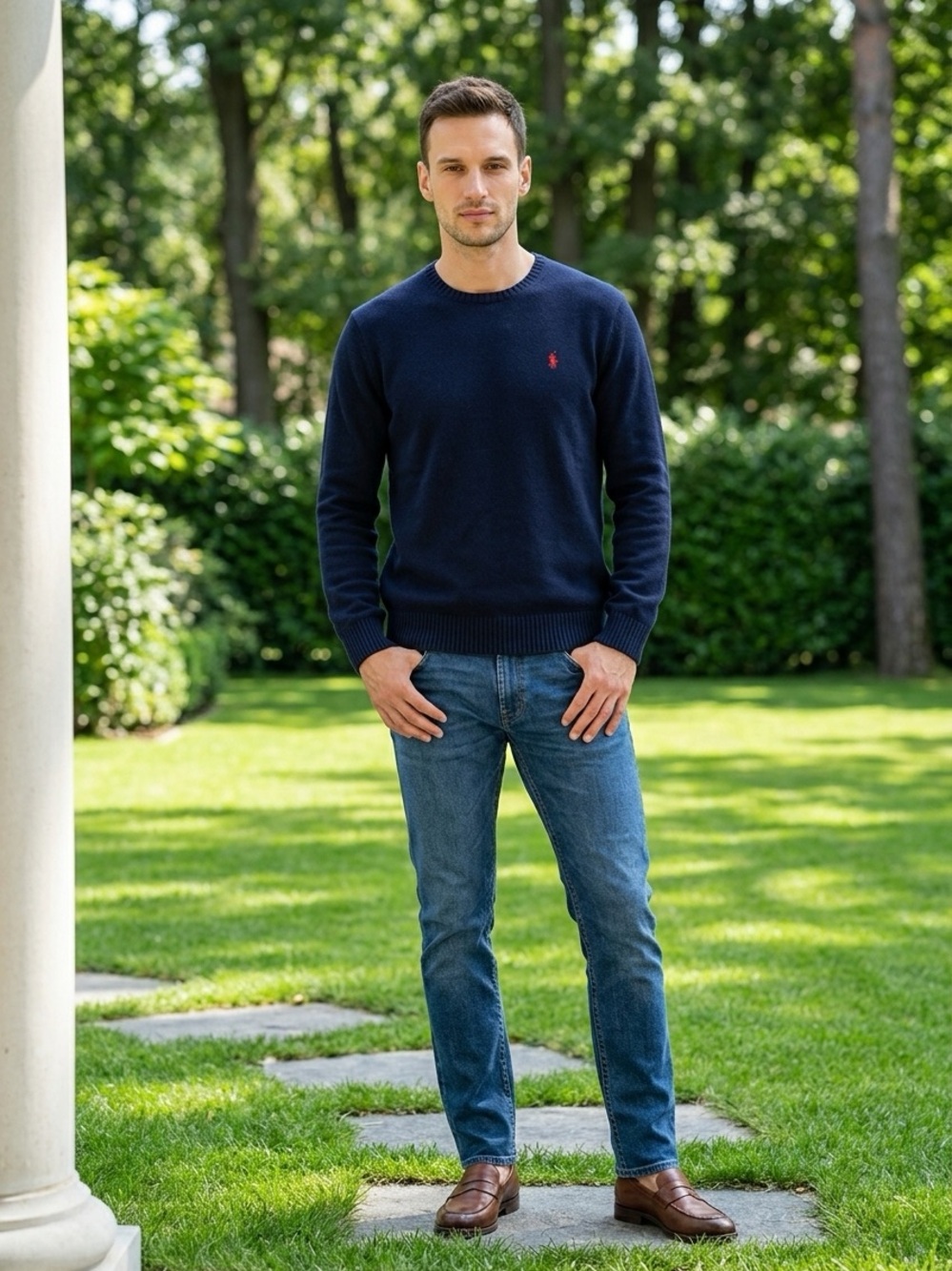 Polo by Ralph Lauren Navy Crewneck Sweater with Red Pony Logo